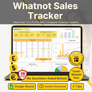 Whatnot 販売者向けスプレッドシート（​​再販業者向け）、売上トラッカー、Whatnot 手数料計算ツール、在庫トラッカー、Google スプレッドシートテンプレート、副業トラッカー