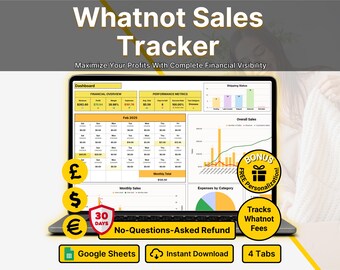 Whatnot Seller Spreadsheet for Resellers Sales Tracker Whatnot Fee Calculator Inventory Tracker Google Sheets Template Side Hustle Tracker