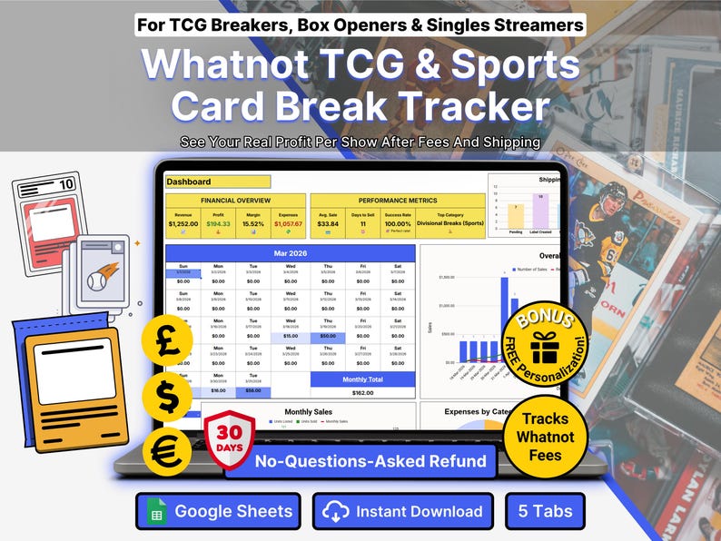 May include: A digital dashboard for TCG and sports card breakers displayed on a laptop screen. The interface includes financial overview tables, performance metrics, a March 2026 calendar, and sales charts. Icons for currency, a 30-day refund badge, and bonus personalization are visible.