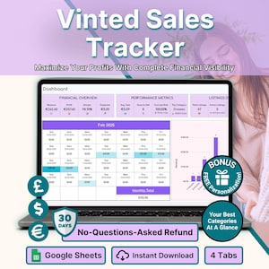 May include: A digital Vinted Sales Tracker dashboard displayed on a laptop screen, featuring financial overview metrics, a February 2025 calendar, and performance charts. Includes icons for currency, a 30-day guarantee, and Google Sheets compatibility.
