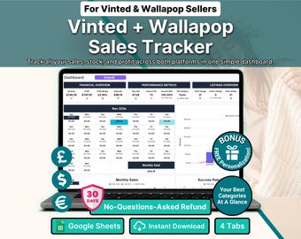 Vinted Sales Tracker Spreadsheet & Wallapop Seller Clothing Reseller Inventory Spreadsheet Income and Expense Tracker Google Sheets Template