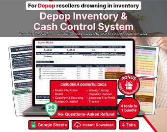Depop Reseller Inventory & Cash Flow Planner Google Sheets Template Death Pile Action Board Weekly Listing Capacity Sourcing Profit Tracker