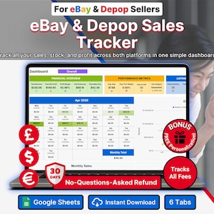 May include: A digital sales tracker for eBay and Depop displayed on a laptop screen. The dashboard features financial overviews, performance metrics, and a monthly calendar for April 2026. Includes icons for currency, a 30-day refund badge, and bonus personalization.