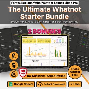 May include: A digital dashboard displayed on a laptop screen, featuring financial overview charts, sales metrics, and shipping data. The graphic includes text such as The Ultimate Whatnot Starter Bundle, 2 Bonuses, and 30 Days No-Questions-Asked Refund.