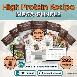 May include: An advertisement for a high-protein recipe mega-bundle. The image shows recipe packs, a computer monitor, a smartphone, and a tablet. The text includes "13-IN-1 INCLUDING BONUS!" and "292 Recipes".