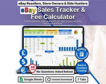 eBay Seller Spreadsheet for eBay Resellers Sales Tracker Fee Calculator Profit Tracker Inventory Spreadsheet Google Sheets Template