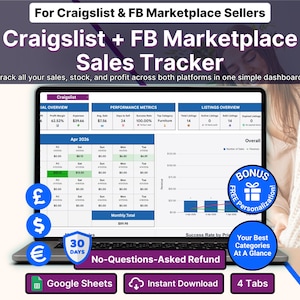 May include: A laptop screen showing a sales tracker dashboard for Craigslist and Facebook Marketplace sellers. The display includes performance metrics, listing overviews, and a monthly total. The image includes text that says "For Craigslist & FB Marketplace Sellers" and "No-Questions-Asked Refund."