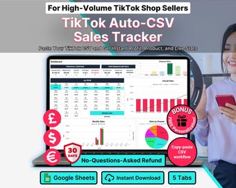 TikTok Shop CSV Import Sales Inventory Tracker Google Sheets Template Spreadsheet High Volume Live Seller Bulk Order Profit Dashboard Report