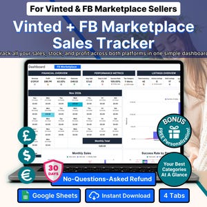 May include: A laptop displays a sales tracker dashboard for Vinted and FB Marketplace sellers. The screen shows financial overviews, performance metrics, and listing data. The image includes text: "Vinted + FB Marketplace Sales Tracker".