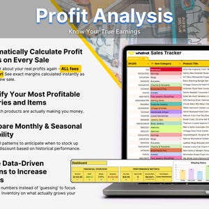 May include: A laptop screen displaying a Whatnot Sales Tracker spreadsheet with columns for SKU, Item Category, and Product Title, alongside a dashboard showing financial overview and performance metrics with bar charts for shipping status.