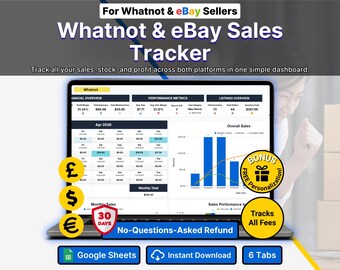 eBay Seller Spreadsheet for Whatnot Resellers Live Auction Sales Tracker Inventory Tracker Profit and Loss Dashboard Google Sheets