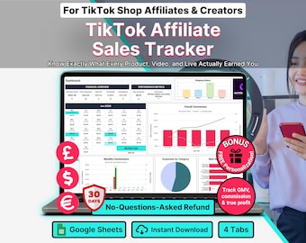TikTok Shop Affiliate Sales Tracker Google Sheets Earnings Template Creator Commission Log Content Performance Analytics Digital Dashboard