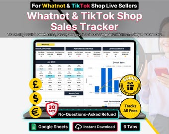Whatnot TikTok Sales Tracker Google Sheets Live Selling Profit Fees Payout Log Cross Platform Inventory Spreadsheet Reseller Dashboard Tool