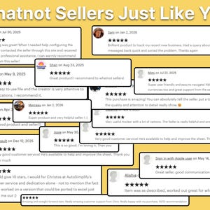 May include: A collection of rectangular customer review cards displayed against a yellow background. Each card features a five-star rating, a user name, a date, and written feedback. The header text at the top reads Whatnot Sellers Just Like You.