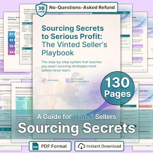 May include: A guide titled "Sourcing Secrets to Serious Profit: The Vinted Seller's Playbook." The cover features the title text, a graphic, and the phrase "130 Pages." Additional text includes "A Guide for Vinted Sellers" and "Instant Download."