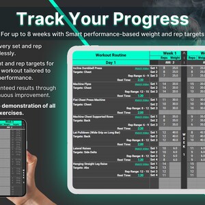 K&ouml;nnte beinhalten: Ein digitaler Workout-Tracker, der eine w&ouml;chentliche Trainingsroutine mit Gewichts- und Wiederholungszielen anzeigt. Die App, mit dem Text "Track Your Progress", zeigt S&auml;tze, Wiederholungen und Gewicht f&uuml;r verschiedene &Uuml;bungen wie Bankdr&uuml;cken. Die App wird auf einem Tablet und einem Telefon angezeigt.