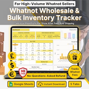 May include: A laptop screen shows a financial tracking spreadsheet with charts and graphs. The text reads "Whatnot Wholesale & Bulk Inventory Tracker." The image includes icons for Google Sheets and instant download, and a 30-day refund guarantee.