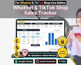 Whatnot TikTok Sales Tracker Google Sheets Live Selling Profit Fees Payout Log Cross Platform Inventory Spreadsheet Reseller Dashboard Tool