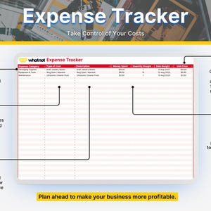 May include: A digital expense tracker spreadsheet template with a white background and red header rows. The table includes columns for expense category, type of cost, description, money spent, quantity bought, date bought, and unit price.
