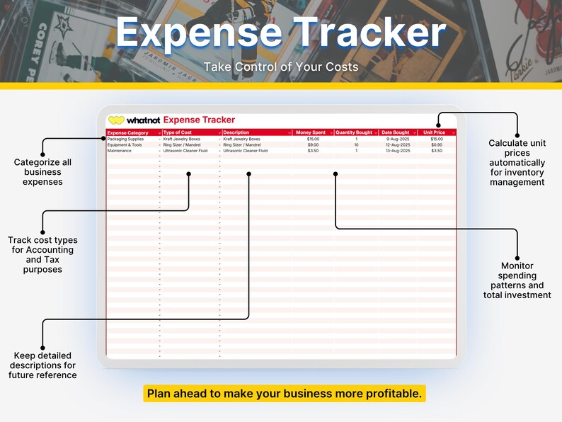 May include: A digital expense tracker spreadsheet template with a white background and red header rows. The table includes columns for expense category, type of cost, description, money spent, quantity bought, date bought, and unit price.