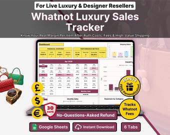Whatnot Luxury Reseller Spreadsheet Live Sales Tracker Inventory Tracker Profit and Loss Small Business Spreadsheet Google Sheets Template