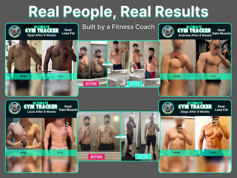 K&ouml;nnte beinhalten: Werbebild mit Vorher-Nachher-Fotos von Personen, die das Programm "Ultimate Gym Tracker" verwenden. Der Text "Real People, Real Results" und "Built by a Fitness Coach" werden angezeigt. Jede Transformation ist mit dem Namen, dem Ziel und dem Zeitrahmen der Person gekennzeichnet.