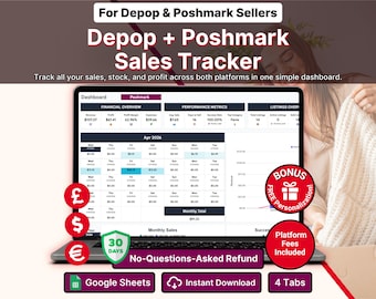 Depop Poshmark Sales Tracker Clothing Reseller Spreadsheet Vintage Streetwear Inventory Profit Tracker Sales Log Google Sheets Template