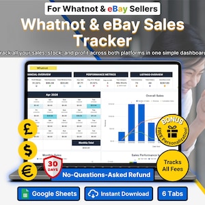 May include: A laptop displaying a sales tracker dashboard for Whatnot and eBay sellers. The screen shows financial data, performance metrics, and listing overviews. The image includes the text "Whatnot & eBay Sales Tracker" and "Track all your sales, stock, and profit across both platforms in one simple dashboard."