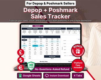 Poshmark Sales Tracker for Depop Seller Spreadsheet Clothing Reseller Inventory Spreadsheet Business Bookkeeping Google Sheets Template
