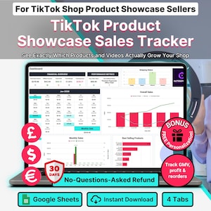 Könnte beinhalten: Ein digitales Dashboard auf einem Laptop-Bildschirm mit dem Titel TikTok Product Showcase Sales Tracker. Die Benutzeroberfläche zeigt Finanzübersichten, Leistungskennzahlen, einen Kalender und Verkaufsdiagramme. Enthält Währungssymbole und ein 30-Tage-Abzeichen.