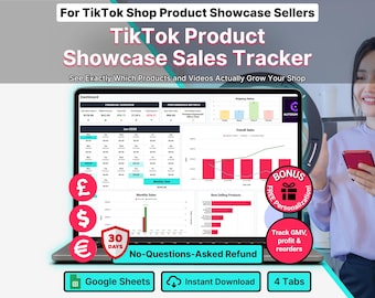 TikTok Shop Product Showcase Sales Tracker Google Sheets Template Organic Seller Profit Analytics Content Performance Log Dashboard Tool