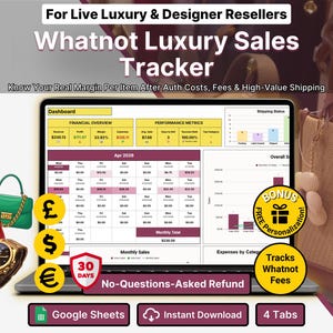 May include: A laptop screen displays a sales tracker for luxury resellers, with financial data and performance metrics. The image includes designer handbags, watches, and currency symbols. Text on the screen reads "Whatnot Luxury Sales Tracker" and "No-Questions-Asked Refund."