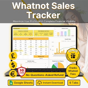 May include: A digital Whatnot Sales Tracker dashboard displayed on a laptop screen, featuring financial overview tables, performance metrics, bar charts, and a February 2025 calendar. Includes icons for currency, a 30-day refund badge, and Google Sheets labels.