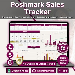 Op de afbeelding: Een digitaal Poshmark Sales Tracker dashboard weergegeven op een laptopscherm. De interface bevat financiële overzichten, prestatiegegevens, overzichten van aanbiedingen, een maandkalender en verkoopgrafieken. Compatibel met Google Sheets.