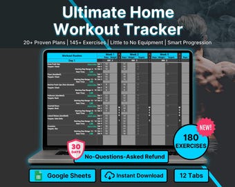 Home Workout Tracker Google Sheets Exercise Log Fitness Planner Template Progress Tracker Training Program Digital No Equipment Workout Plan