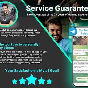 Image emphasizing customer support and 7+ years of training expertise. Guarantees satisfaction and offers personal Telegram access for fitness guidance. Proven tool used in personal coaching to help clients achieve body transformations and fitness success.