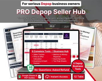 PRO Depop Reseller Hub Google Sheets Templates PDF Guides Sales Tracker Profit Calculator Inventory Planner Sourcing Guide Tax Prep Playbook
