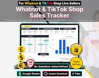 Whatnot Seller Spreadsheet Live Sales Tracker Google Sheets TikTok Shop Reseller Inventory Tracker Profit and Loss Fee Payout Live Seller