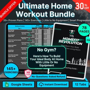 May include: An advertisement for a home workout bundle. The image shows a laptop displaying a workout routine and a tablet with the text "TMS Homefit Revolution". The bundle includes 20+ proven plans, 145+ exercises, and is designed for little to no equipment.