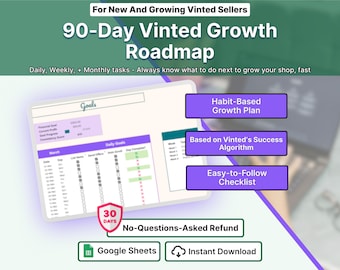 Vinted Seller Planner 90 Day Growth Roadmap Daily Weekly Monthly Checklist Spreadsheet Beginner Reseller Routine Side Hustle Habit Tracker