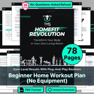 May include: A 78-page digital fitness guide titled Homefit Revolution, featuring a black cover with white text, a logo, and silhouettes of people exercising. The document includes workout routines, coaching advice, and PDF format details.