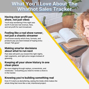 May include: An informational graphic titled What You'll Love About The Whatnot Sales Tracker. It features five yellow circular icons representing profit, streaming, shopping, data, and a storefront, each paired with descriptive text about tracking sales.