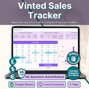 May include: A digital Vinted Sales Tracker dashboard displayed on a laptop screen, featuring financial overview metrics, a February 2025 calendar, and performance charts. The interface includes currency symbols, a bonus personalisation badge, and Google Sheets icons.