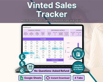 Vinted Sales Tracker Spreadsheet for Resellers Spreadsheet Google Sheets Template Digital Profit Margin Calculator Small Business Dashboard