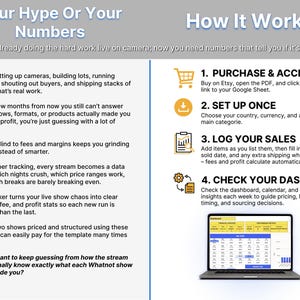 May include: An informational graphic titled Your Hype Or Your Numbers and How It Works. It outlines a four-step process for tracking sales data using a digital template, featuring icons for purchase, setup, logging, and dashboard review on a laptop.
