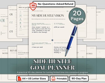 Side Hustle Planner Printable PDF Goal Workbook 90 Day Planner Monthly Goals Quarterly Business Goals for Busy Beginners with Limited Hours
