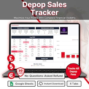 Könnte beinhalten: Ein digitales Depop-Verkaufs-Dashboard auf einem Laptop-Bildschirm mit Finanzübersicht, einem Monatskalender für August 2026, Umsatzdiagrammen sowie Symbolen für Google Sheets, Sofort-Download und vier Registerkarten.