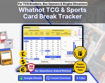 Whatnot Card Break Profit Tracker for Resellers Trading Card Inventory Spreadsheet TCG Seller Spreadsheet Spot Pricing Tracker Live Auction
