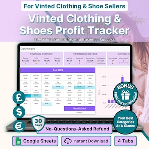 May include: A laptop screen showing a profit tracker for Vinted clothing and shoe sellers. The display features financial data, performance metrics, and listing details. Text includes "Vinted Clothing & Shoes Profit Tracker" and "No-Questions-Asked Refund."