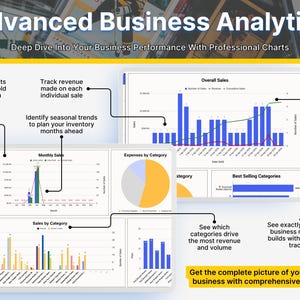 May include: A digital dashboard titled Advanced Business Analytics featuring multiple charts including bar graphs, a pie chart, and line graphs. The interface displays data for monthly sales, expenses by category, and best selling categories with text labels.